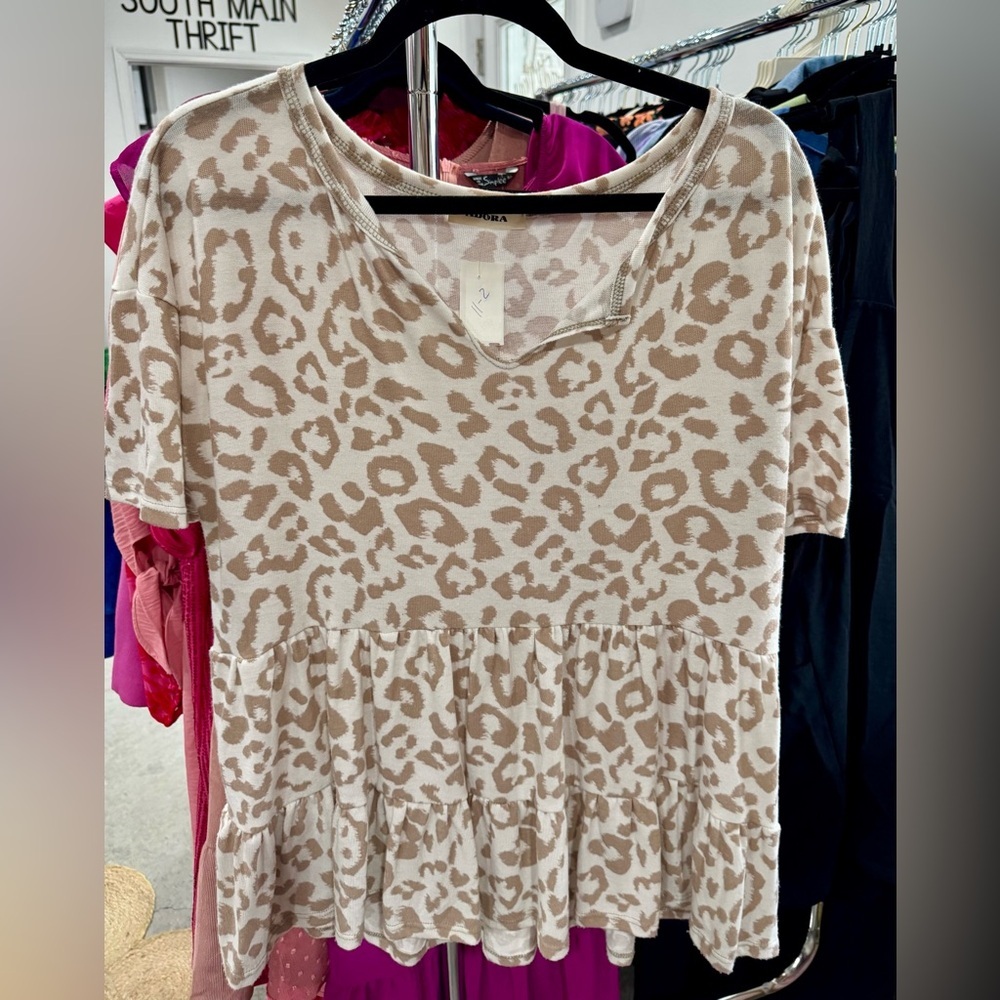 ADORA Beige Leopard Print Short Sleeve Top